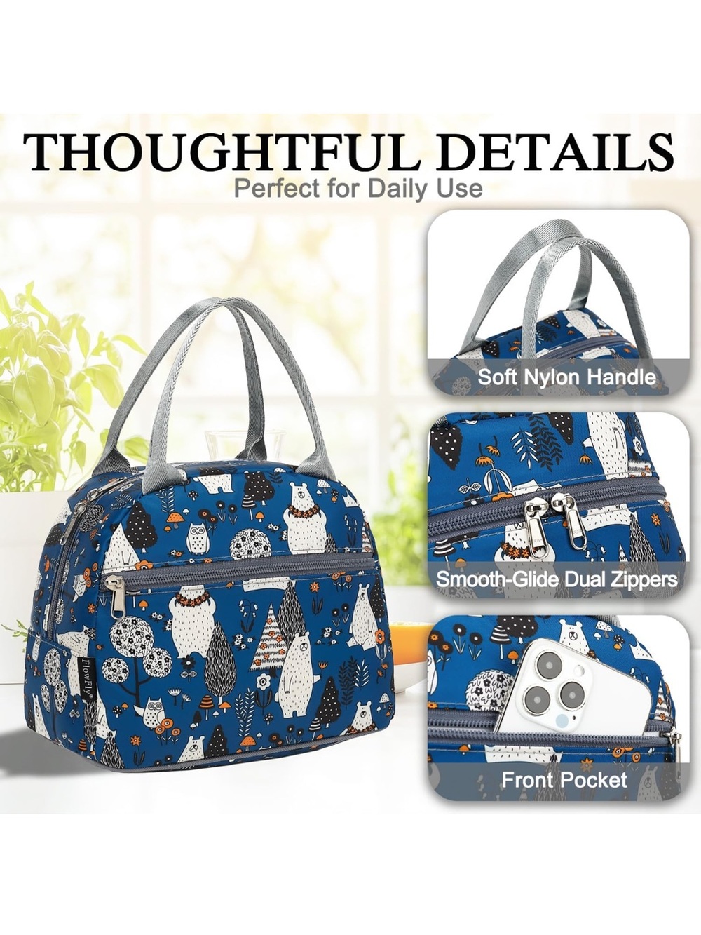 NEW! FlowFly Insulated Lunch Cooler Bag - Tote Bag —owls and bears - Picture 4 of 7